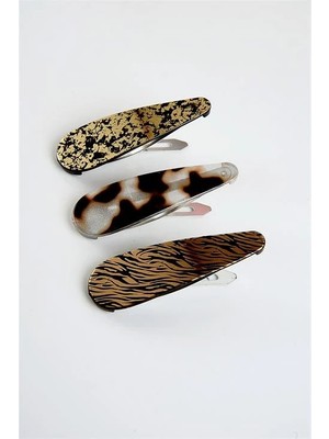 Euromoda Leopar Desenli 3lü Klipsli Yan Toka Seti