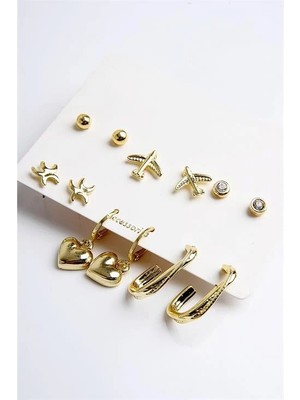 Euromoda Kalp Yıldız ve Uçak Figürlü Gold Renkli Halka Tektaş ve Top Küpeli 6lı Unisex Küpe Seti