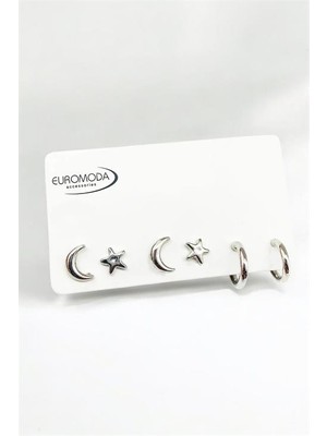 Euromoda Ay Yıldız ve Halka Küpeli Gümüş Renkli 6lı Küpe Seti