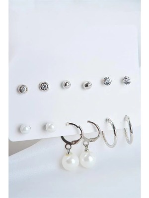 Euromoda Sallantılı Incili Top Incili ve Halka Küpeli Tektaşlı Top Küpeli 12LI Küpe Seti