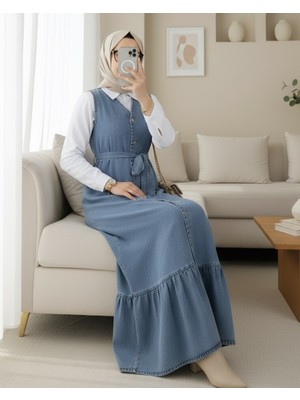 Modamorfo Beli Bağlamalı Önü Düğmeli Cepli Kot Jile   -Buz Mavi