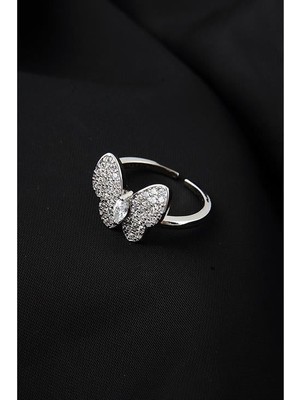 Euromoda Ayarlanabilir Kelebek Tasarımlı Zirkonium Taşlı Gümüş Renkli Yüzük