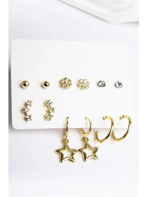 Euromoda Yıldız Tasarımlı Kar Taneli Gold Renkli Sıralı Yıldızlı 12LI Unisex Küpe Seti