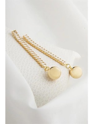 Euromoda Baget Zirkonium Taşlı Gold Renkli Uzun Vidalı Sallantılı Küpe