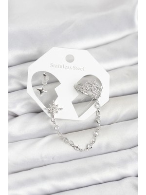 Bazarhane Kutup Yıldızı Model Pirinç Gümüş Renk Zincir Bağlantılı Ear Cuff Küpe Seti