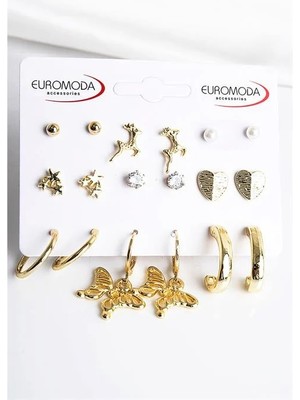 Euromoda Kelebekli Yıldız Kalp ve Ceylan Tasarımlı Inci Zirkon Halka ve Top Küpeli 9lu Küpe Seti