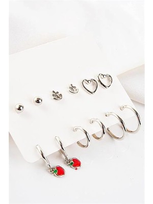 Euromoda Kalp Çapa ve Elma Tasarımlı Halka ve Tektaşlı Top Küpeli 12LI Küpe Seti