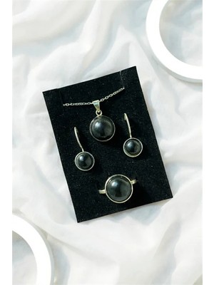 Euromoda Özel Tasarımlı 925 Ayar Gümüş  Yuvarlak Siyah Taşlı Takım