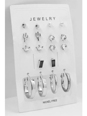 Euromoda Kaktüs ve Taç Tasarımlı Zirkon Tektaş ve Incili Top Küpeli Yüksek Kaliteli 10LU Küpe Seti