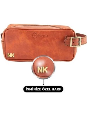 twingold Kişiye Özel Deri Dopp Kit Kişisel Bakım ve Seyehat Çantası - Tobacco