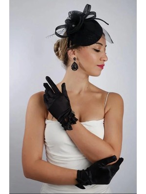 Hayalperest Boncuk Saten Gelin Eldiveni Düğün Nikah Aksesuarı Fascinator Şapka Seti