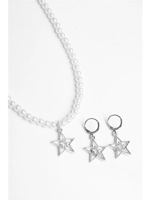 Euromoda Iç Içe Yıldız Tasarımlı Inci Boncuklu Kolye Küpe Takım