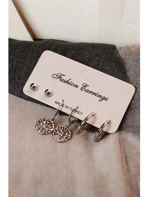 Euromoda Yaşam Ağacı Tasarımlı Top ve Halka Küpeli 3lü Küpe Seti