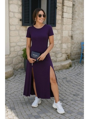 Marsilyan- Kadın Kısa Kollu Sırt Dekolteli Yırtmaç Detaylı Viskon Elbise