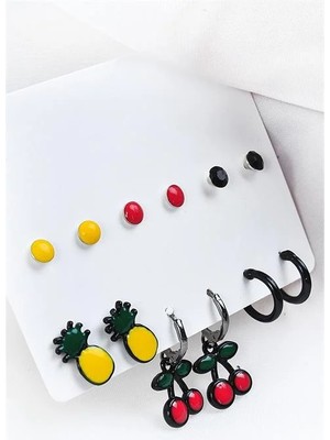 Euromoda Kiraz ve Ananas Tasarımlı Halka ve Çok Renkli Top Küpeli 12LI Küpe Seti