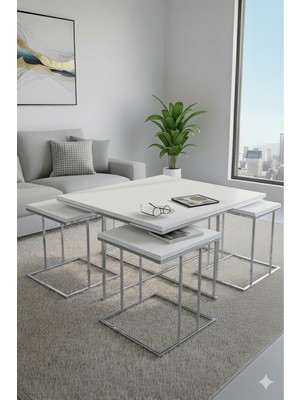 Usta Mekan Valencia Gümüş - Beyaz 5 Li Kare Orta Sehpa Takımı