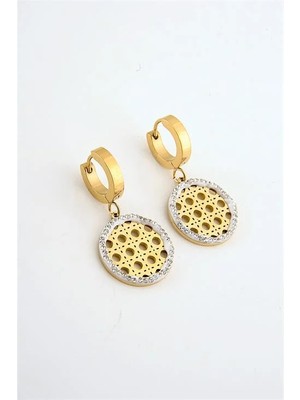 Euromoda Çelik Gold Renkli Zirkon Taşlı Kancalı Küpe