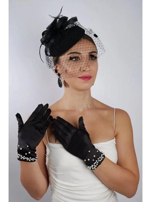 Hayalperest Boncuk Siyah Incili Gelin Eldiveni Düğün Nikah Aksesuarı Fascino Şapka Seti