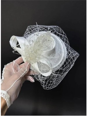 Hayalperest Boncuk Gelin Nikah Şapkası Kurdele Detaylı Kristal Süslemeli Kep Aksesuarı