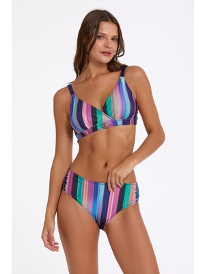 Argento Kadın Mavi Çizgili Çıkarılabilir Ince Kaplı Ayarlanabilir Askılı Kalın Kenarlı Bikini Takımı