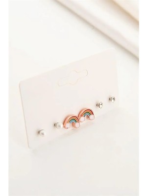 Euromoda Minik Gökkuşağı Tasarımlı Rose Kaplamalı Vidalı Küpe