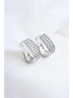 Euromoda Zirkon Taşlı Gümüş Kaplamalı Kancalı Küpe