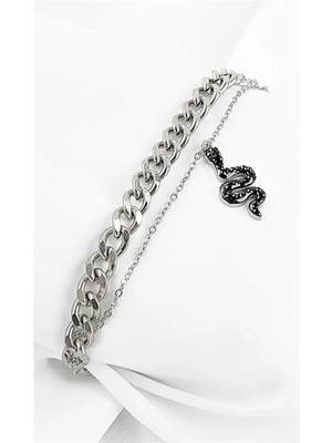 Euromoda Çelik Yüksek Kaliteli Yılan Figürlü Zincirli Bileklik