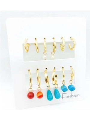 Euromoda Damla Tasarımlı Inci ve Boncuk Küpeli ve Halka Küpeli 12LI Küpe Seti