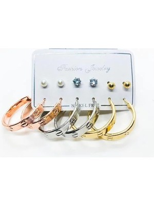 Euromoda Kartiyer Model Halka Tasarımlı Gold Gümüş ve Rose Renk Zirkon Inci ve Top Küpeli Küpe Seti