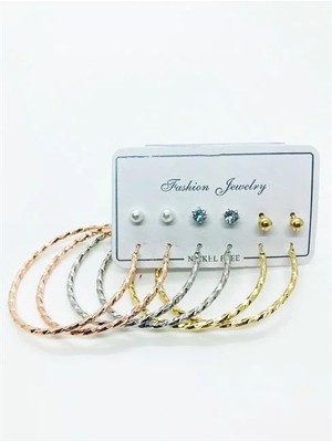 Euromoda Kıvrımlı Halka Tasarımlı Gold Gümüş ve Rose Renk Zirkon Inci ve Top Küpeli Küpe Seti