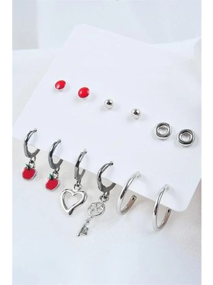 Euromoda Kalp ve Anahtar Tasarımlı Halka Küpeli Kadın 12LI Küpe Seti