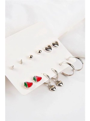 Euromoda Kalp ve Çilek Tasarımlı Halka ve Tektaşlı Top Küpeli 12LI Küpe Seti