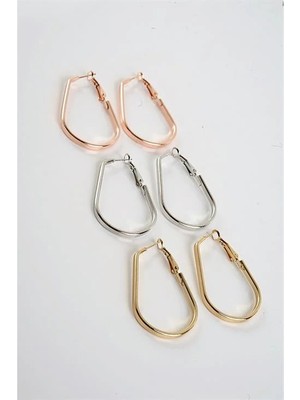 Euromoda Damla Tasarımlı Gold Gümüş ve Rose Renkleri ve Tektaşlı 6'lı Halka Küpe Seti