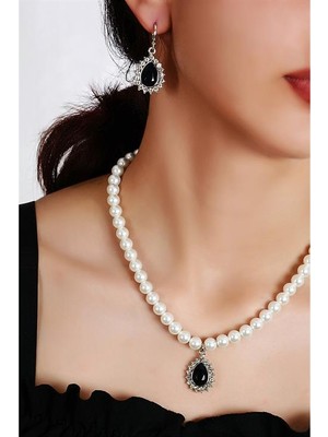 Euromoda Damla Tasarımlı Inci ve Siyah Zirkon Taşlı Kolye Küpe Takı Set