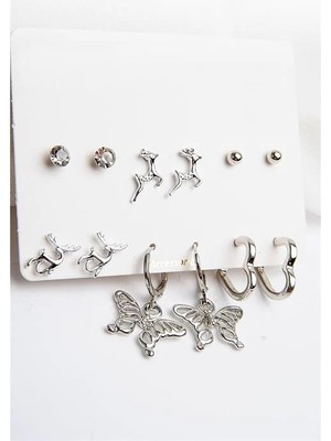 Euromoda Kelebek Geyik Ceylan Tasarımlı Kalp Küpeli Top ve Tektaş Küpeli 6'lı Küpe Seti