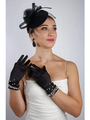 Hayalperest Boncuk Siyah Incili Gelin Eldiveni Düğün Nikah Aksesuarı Fascina Şapka Seti