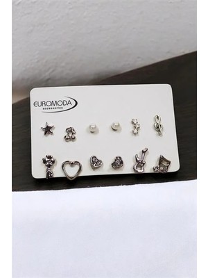 Euromoda Yıldız Kiraz Sol Anahtarı Kalp Anahtar ve Gitar Tasarımlı Inci Tektaş ve Top Küpeli 6lı Küpe Seti