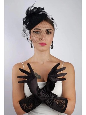 Hayalperest Boncuk Siyah Saten Çift Fiyonk Kısa Gelin Eldiveni Düğün Nikah Aksesuarı Fascinator Şapka