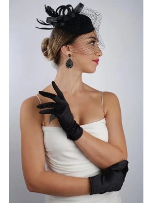 Hayalperest Boncuk Siyah Kısa Gelin Eldiveni Düğün Nikah Aksesuarı Fascinator Şapka Seti