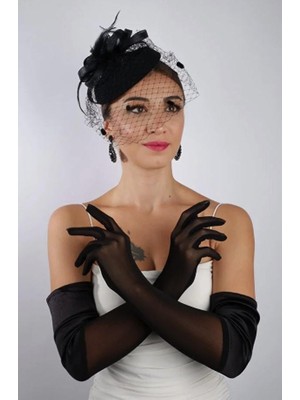 Hayalperest Boncuk Siyah Saten Tül Gelin Eldiveni ve Düğün Nikah Fascinator Şapka Seti
