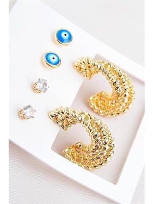 Euromoda Zirkonium Nazarlık Tasarımlı Halka ve Tektaş Küpeli 6lı Küpe Seti