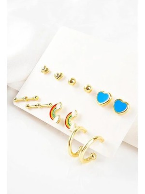 Euromoda Gökkuşağı ve Kalp Tasarımlı Tektaşlı Top Küpeli 12LI Küpe Seti