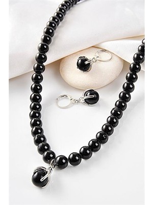 Euromoda Özel Tasarımlı Siyah Inci ve Zirkon Taşlı Kolye Küpe Takı Set