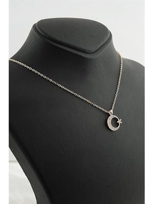 Euromoda Ay Yıldız Tasarımlı Zirkon Taşlı Gümüş Kaplamalı Klipsli Kolye