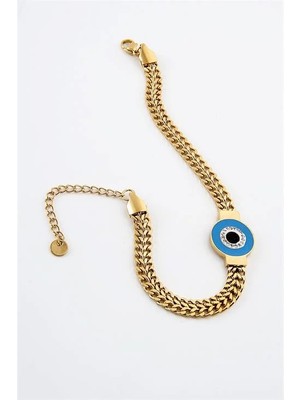 Euromoda Çelik Nazar Boncuğu Tasarımlı Zirkon Taşlı Gold ve Gümüş Renkleri Bileklik