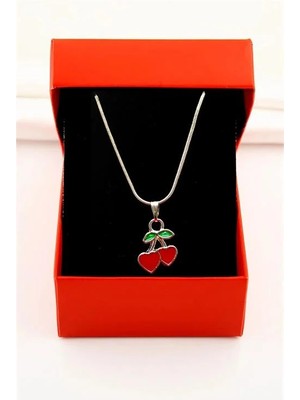 Euromoda Kalp Kiraz Tasarımlı Özel Yılan Zincirli Gümüş Renkli Kolye