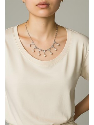 Euromoda Gümüş Kaplamalı Inci Detaylı Gerdanlık Tasarımlı Zincir Kolye