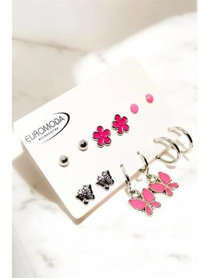 Euromoda Pembe Kelebek ve Çiçek Tasarımlı Renkli Küpe Seti