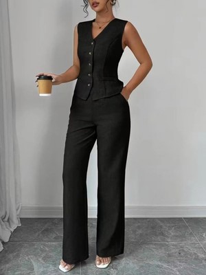 Marsilyan- Kadın Askılı Önden Düğmeli Bluz ve Pantolon Keten Ikili Takım