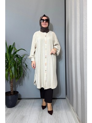 Ghisa Arkası Işleme Detaylı Keten Gömlek Bej Çizgili 3610T4088